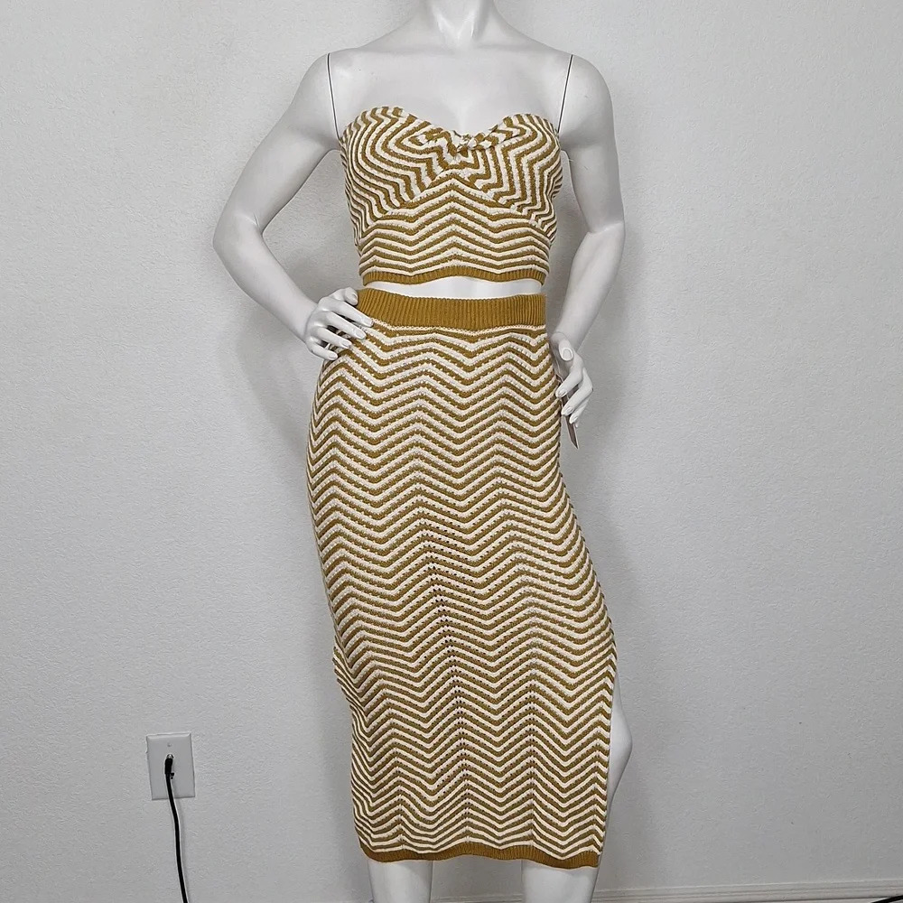 Willow & Wind NEW 70's Tan White Bohemian Knit Midi Hippie Skirt & Top Set Sz. L